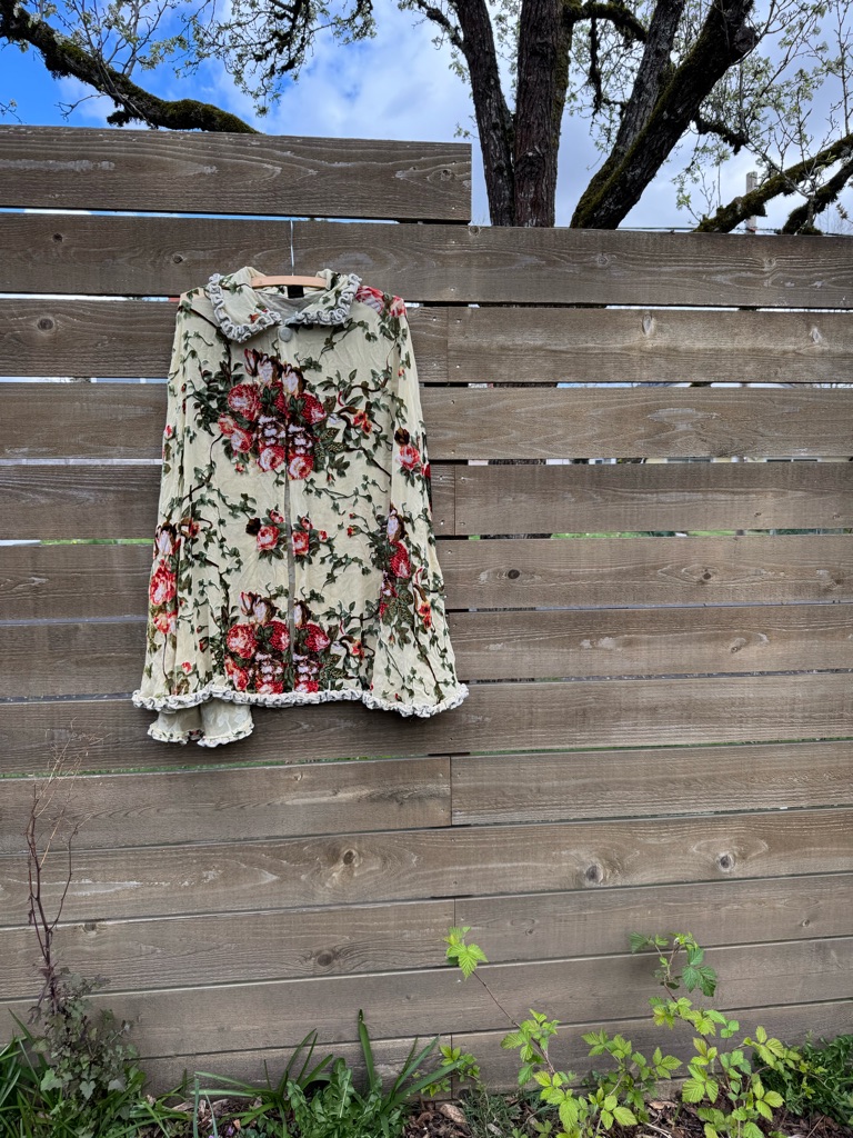 Silk Velvet Floral Ruffle Beaded Cape In Cream And Red Floral